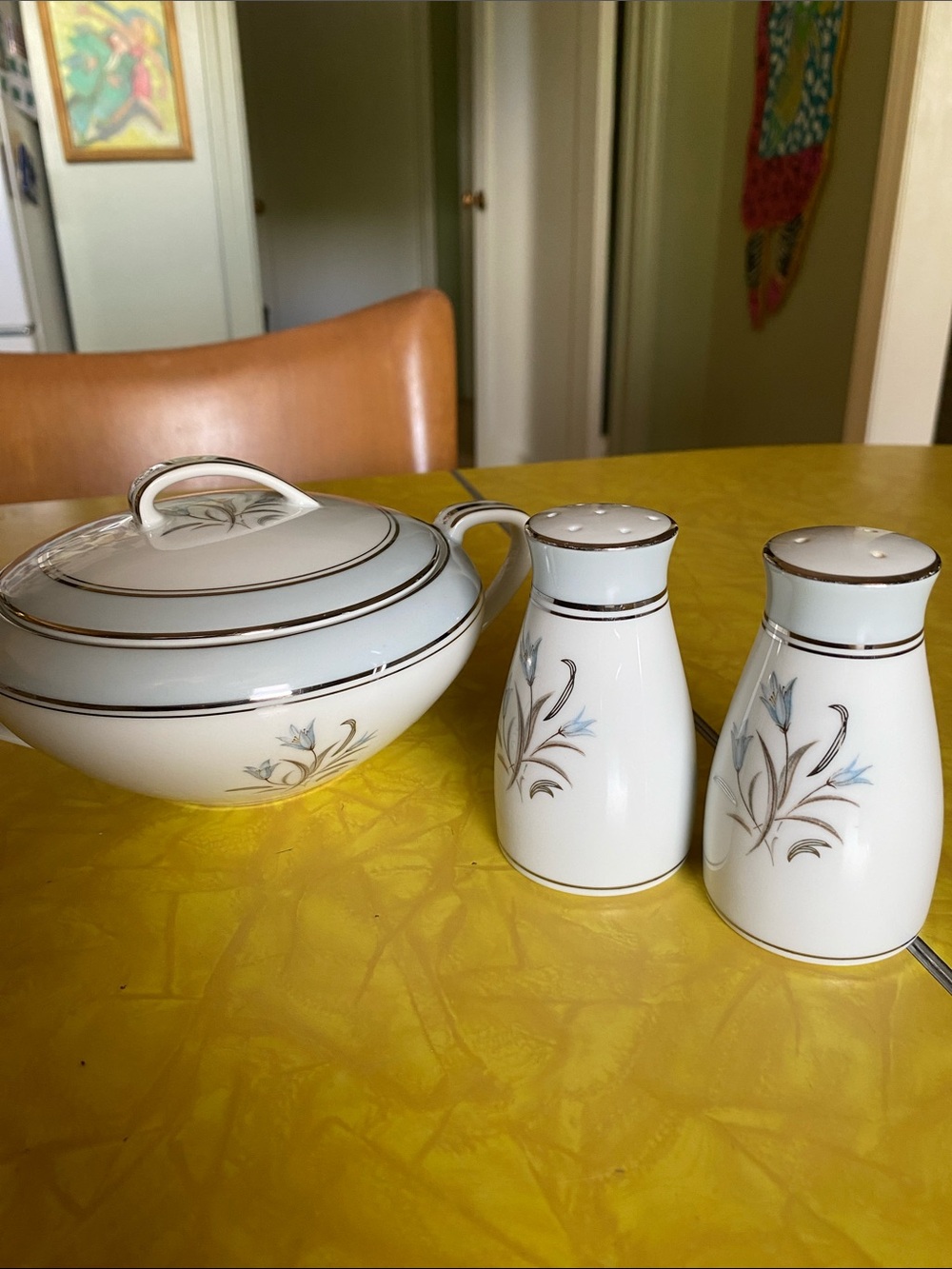 Noritake Porcelain Sugar Bowl with Salt & Pepper Shakers - Blue Floral Trim
